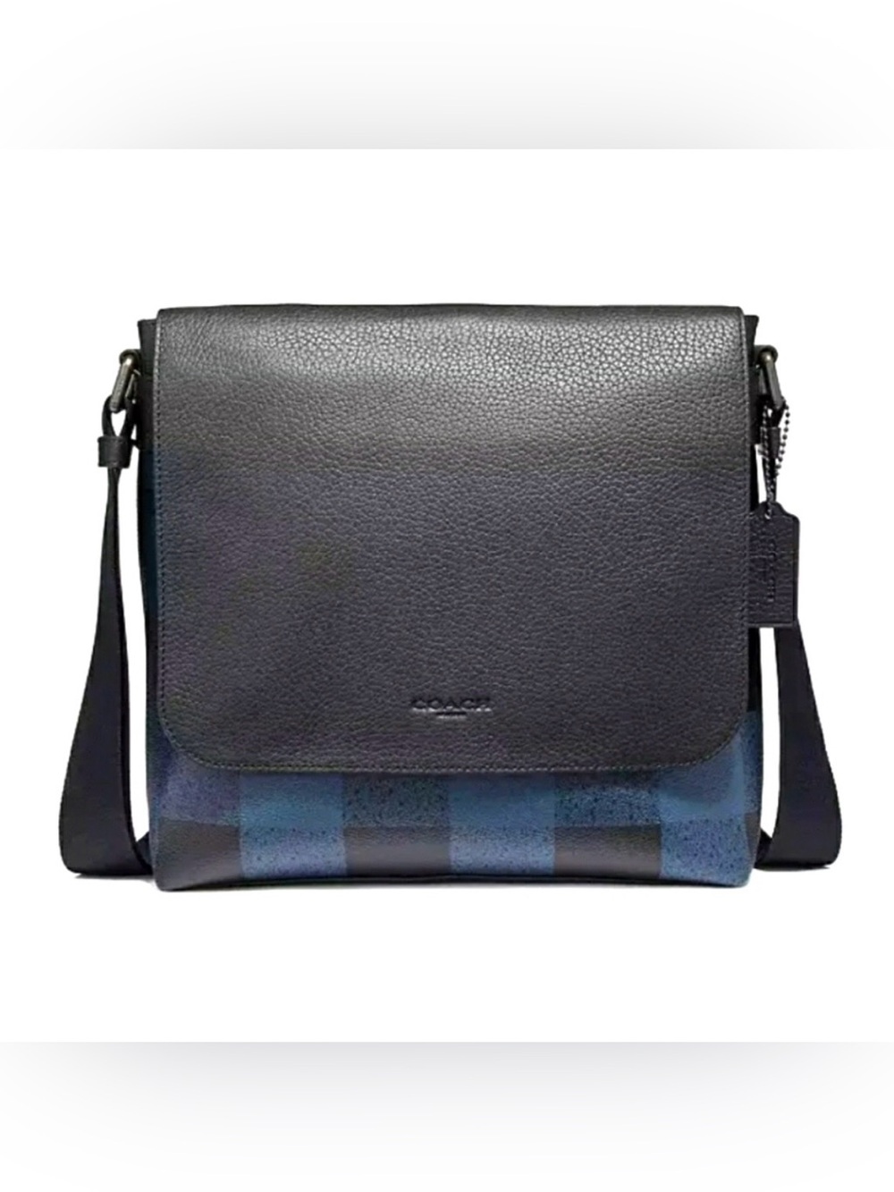 COACH | CHARLES MESSENGER CROSSBODY  BUFFALO CHECKER FLAP BAG IN BLUE AND BLACK